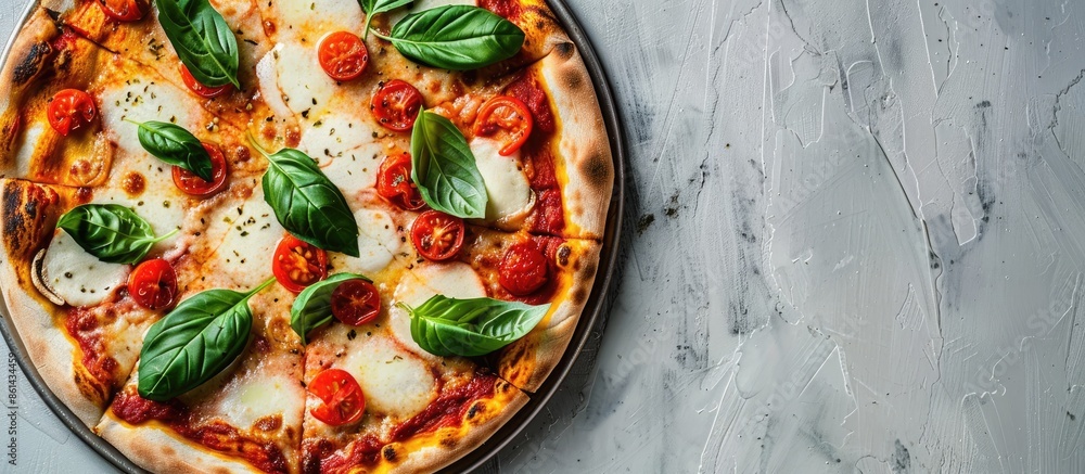 Poster close-up image of a delicious vegetable and basil pizza on a table with copy space image available.