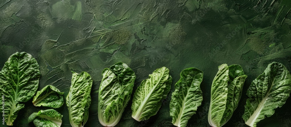 Poster flatlay showcasing a creative design with romaine leaves on a green backdrop, creating a healthy veg
