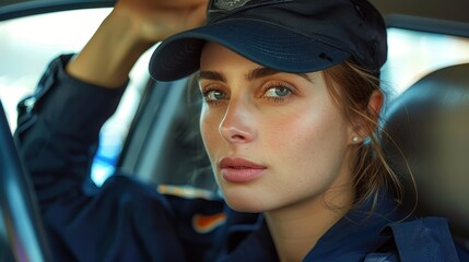 Seated in her patrol car, a policewoman adjusts her cap, her steely and focused expression underscoring her serious commitment to her duty and responsibilities.