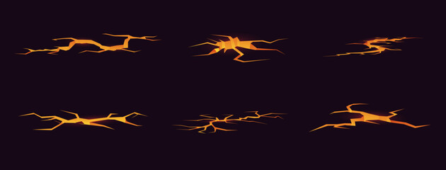 Lava ground cracks. Earthquake split with light inside. Volcano magma. Damage fissure effect. Hell glow in holes. Land destruction. Rock surface texture. Volcanic elements vector set
