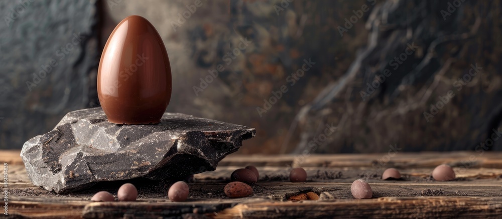 Poster Chocolate Easter egg displayed on a dark rock with a wooden backdrop, creating an ideal setting for a copy space image.