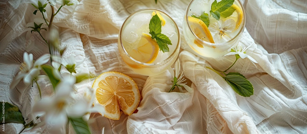 Poster close-up of cold lemon drink with ice, mint, slices, and white flowers on a linen tablecloth, ideal 