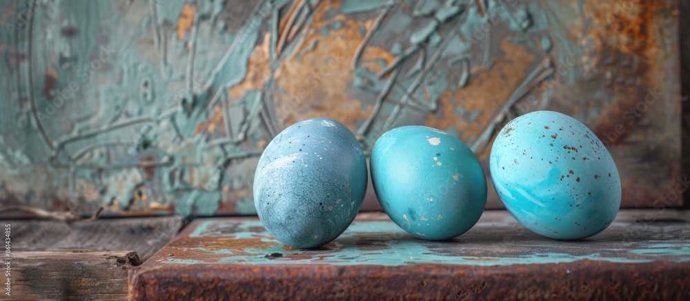 Poster easter-themed rustic setting with dyed blue eggs on vintage metal backdrop ideal for copy space imag