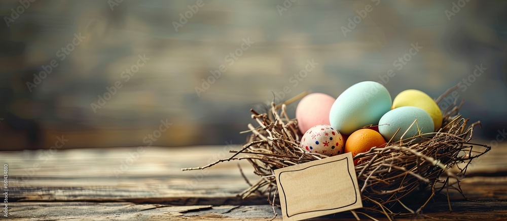 Aufkleber Easter eggs of various colors arranged in a nest with a personal message card on a wooden surface, creating a festive Easter ambiance, suitable for copy space image.
