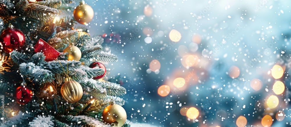 Poster christmas tree adorned with gold and red ornaments and twinkling lights on a snow-covered background