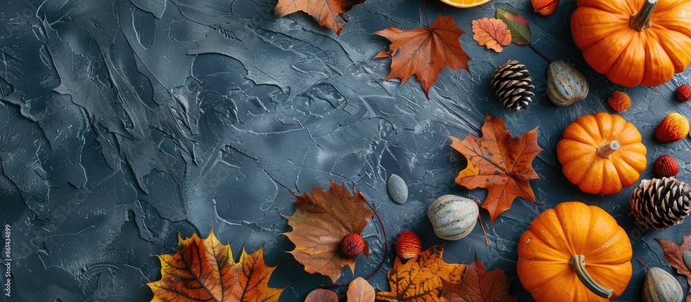 Poster Autumn decor with leaves, pumpkins on stone backdrop in flat lay style. Top view of scene with ample copy space image available.
