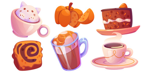 Pumpkin spice drink and desserts set isolated on white background. Vector cartoon illustration of spicy cheese cake, sweet caramel latte, cup of hot chocolate or cocoa, autumn season menu in cafe