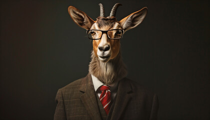 Antelope wearing glasses and a suit, exuding sophistication and intelligence against a dark background, blending elegance with whimsy