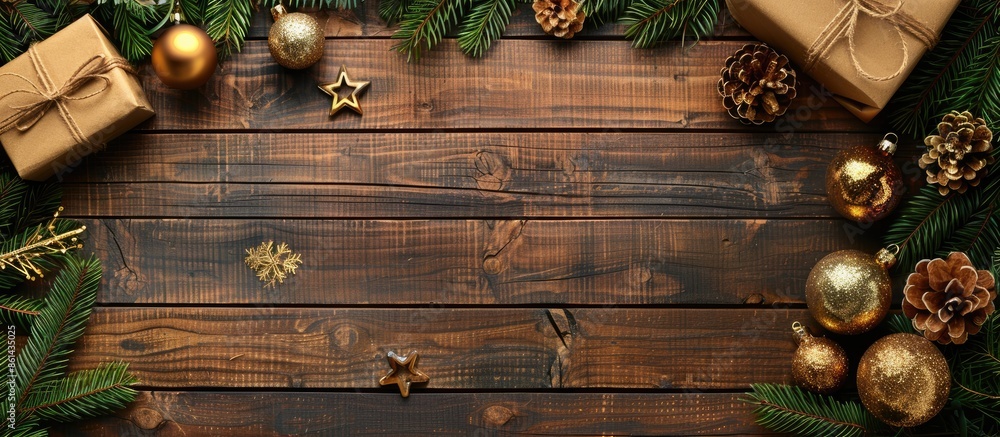 Aufkleber capture an aerial view of a festive wooden table adorned with christmas ornaments like baubles and a