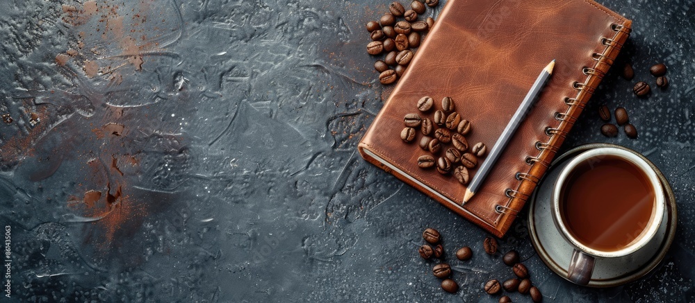 Poster craft notebook with a leather cover and a gray pencil displayed on a coffee background with ample co