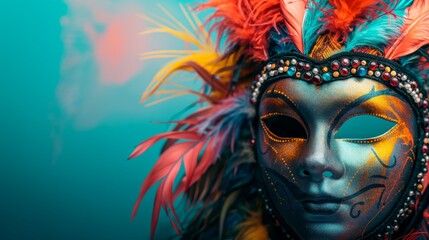 A highly detailed, ornate mask with vibrant feathers and embellishments is captured in a close-up shot, highlighting its dramatic festive design.