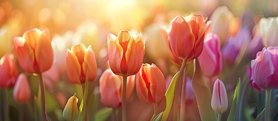 Colorful background with a clear area for text, featuring stunning tulips. image with copy space