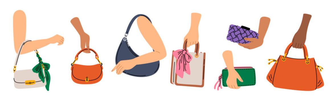 Ladies hands holding bags. Fashionable leather female accessories. Designer trendy handbags. Elegant style. Woman arms carrying glamour purse or clutch. Stylish tote. Garish vector set