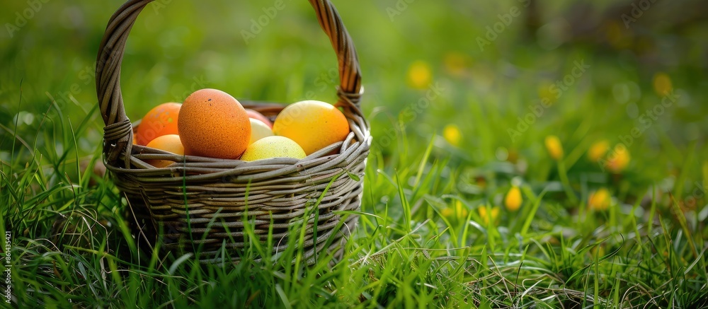 Poster easter concept with yellow and orange eggs in a wicker basket on green grass background. hidden eggs