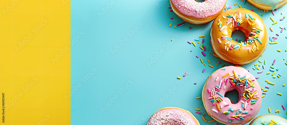 Poster close-up of tasty glazed donuts on colorful background with copy space image.