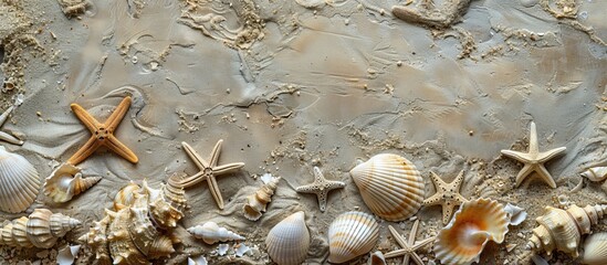 Flat lay arrangement of starfish and seashells on a sandy beach, providing a copy space image.
