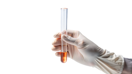 A gloved hand in a lab holds a test tube filled with  liquid for medical research