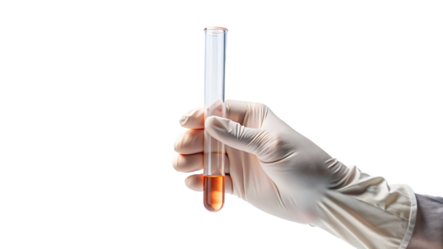 A gloved hand in a lab holds a test tube filled with  liquid for medical research