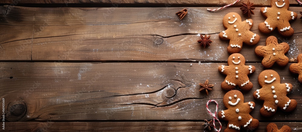 Poster Delicious gingerbread cookies displayed on a rustic wooden backdrop with copy space image.