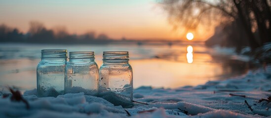 Empty glass jars left in the sand by the Danube river during winter for a serene copy space image.
