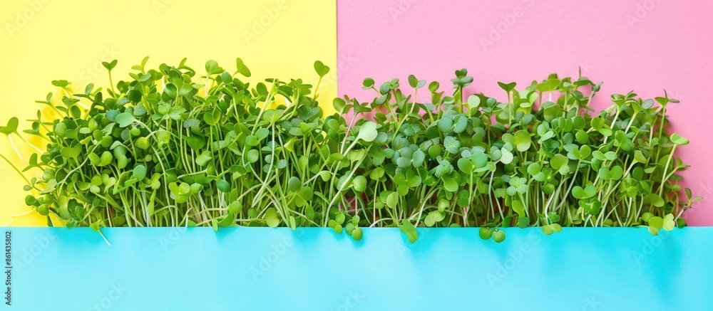 Poster close-up shot of a vibrant microgreen on a colorful backdrop, with copy space image.