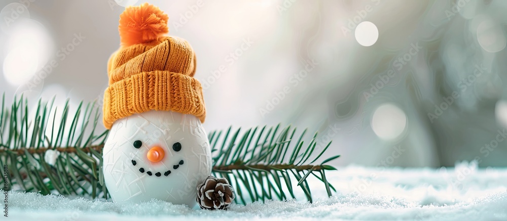 Aufkleber Copy space image of a handmade snowman with an orange hat and a fir tree branch in isolation.