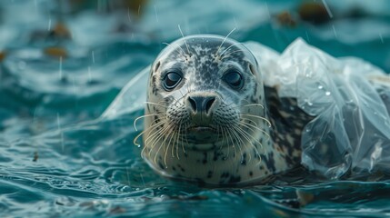 Fototapeta premium Fur seals in plastic bags as an example of environmental pollution.