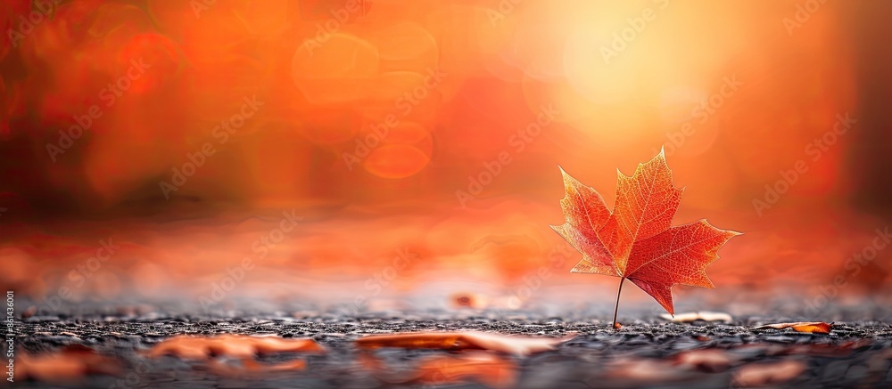 Poster An autumn-themed image featuring a maple leaf gracefully falling onto a pavement with a beautifully colored background, ideal for use as a copy space image.