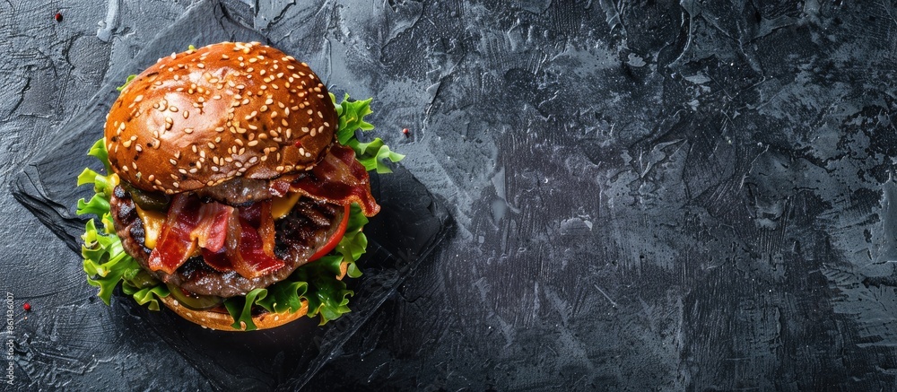 Poster delicious double bacon burger on a slate plate with copy space image.