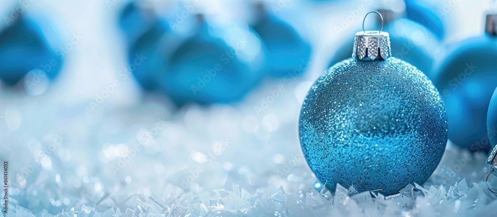 Poster Blue Christmas ornaments on a white background with a blurred effect, suitable for adding text, generally referred to as a copy space image.
