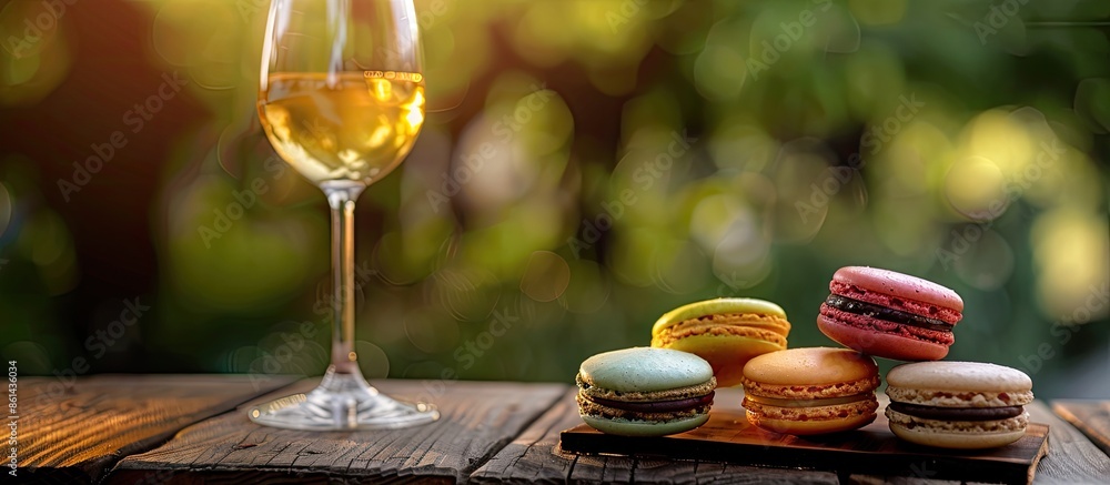 Poster Colorful macaroons from a French bakery displayed on a wooden table with a wine glass, creating a relaxing morning scene with copy space image.