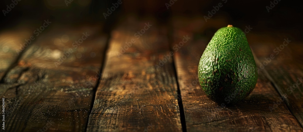 Poster an old wooden table displaying a fresh organic avocado as a focal point in a food background, with r