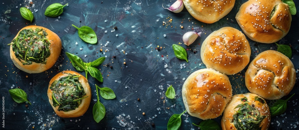 Poster baked buns with spinach and garlic on a bright background, perfect for a copy space image.