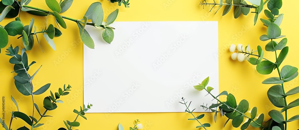 Poster flat lay mockup featuring a composition of green foliage, an acacia branch, and white paper on a yel