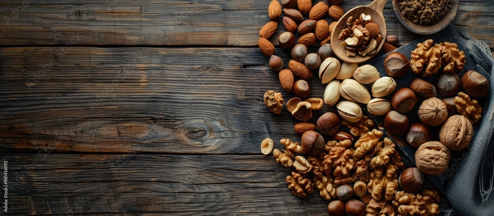 Poster Assorted nuts like cedar, cashew, hazelnut, and walnuts, along with a spoon, are displayed on a wooden table with a rustic aesthetic, creating a visually appealing copy space image.