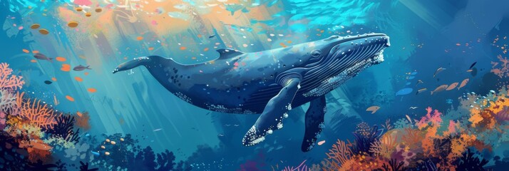 Horizontal banner. World Whale and Dolphin Day. Humpback whale in the sea surrounded by marine life. Marine animal protection concept. Free space for text