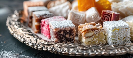 Close-up of various delectable Turkish delights on a metal tray with powdered sugar, locum, and copy space image.