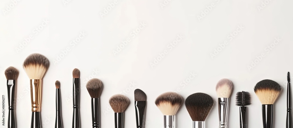 Poster An aerial view showcasing a variety of makeup brushes, displaying different sizes, against a white background with ample copy space for text.