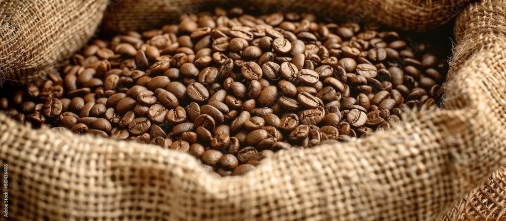 Poster Burlap sack filled with coffee beans, displaying copy space image.