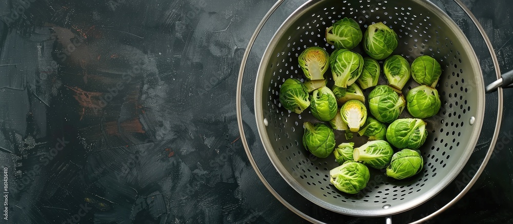 Aufkleber brussels sprouts in a colander on a table with copy space image.