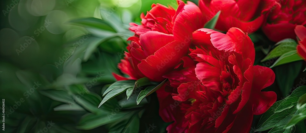 Poster Beautiful close-up shot of red peony petals against a backdrop of green leaves creating a stunning image with selective focus and copy space.