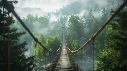 Fototapeta premium A suspended bridge in a dense forest: an ideal place for a pedestrian crossing.