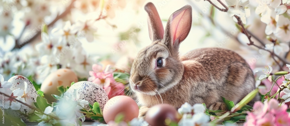 Poster easter-themed decor featuring a rabbit, eggs, and fresh spring blossoms, with space for adding image