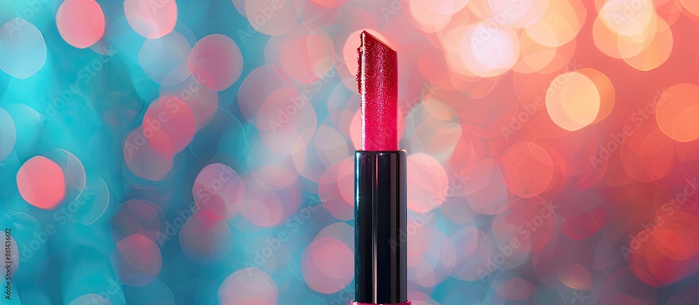 Poster copy space image features an applicator placed over a liquid lipstick tube against a blurred backdro