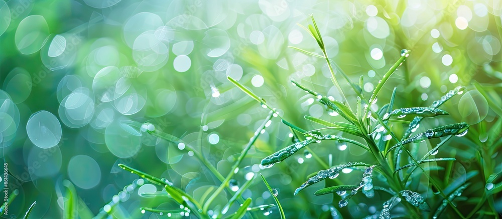 Poster closeup image of raindrops on a wild plant with fresh green foliage background for copy space image.
