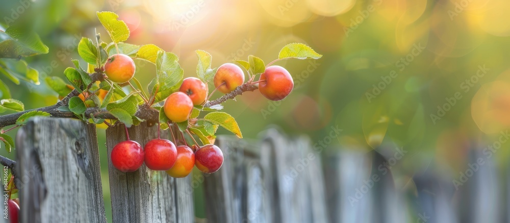 Poster cherry-plum tree branch with fruits against a rustic wooden fence with blurred background, ideal for