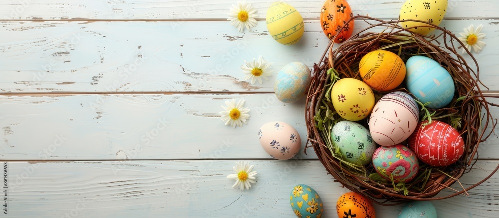 Aufkleber easter eggs arranged in a basket on white wooden backdrop with copy space image available.