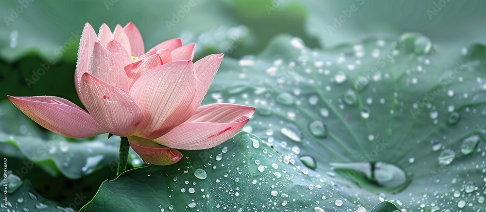 Aufkleber Copy space image of a lotus flower with water droplets on a leaf in the background.