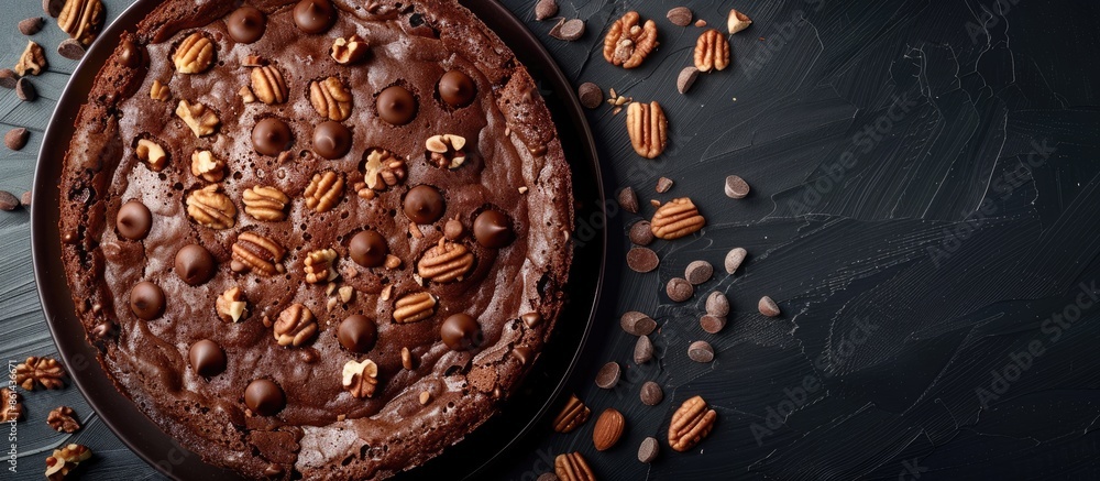 Poster close-up of a delicious homemade chocolate cake with nuts on a black table, providing ample copy spa