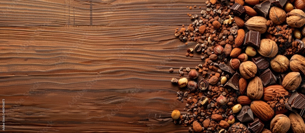 Poster Chocolate pieces with nuts arranged neatly on a vibrant wooden surface, with ample copy space image available.